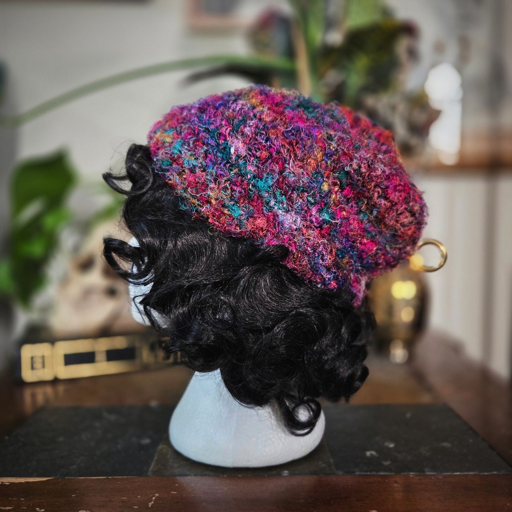 Beanie Hat Handmade Recycled Silk Yarn Vintage 90s Colorful Chunky Knit One Size - Picture 2 of 6